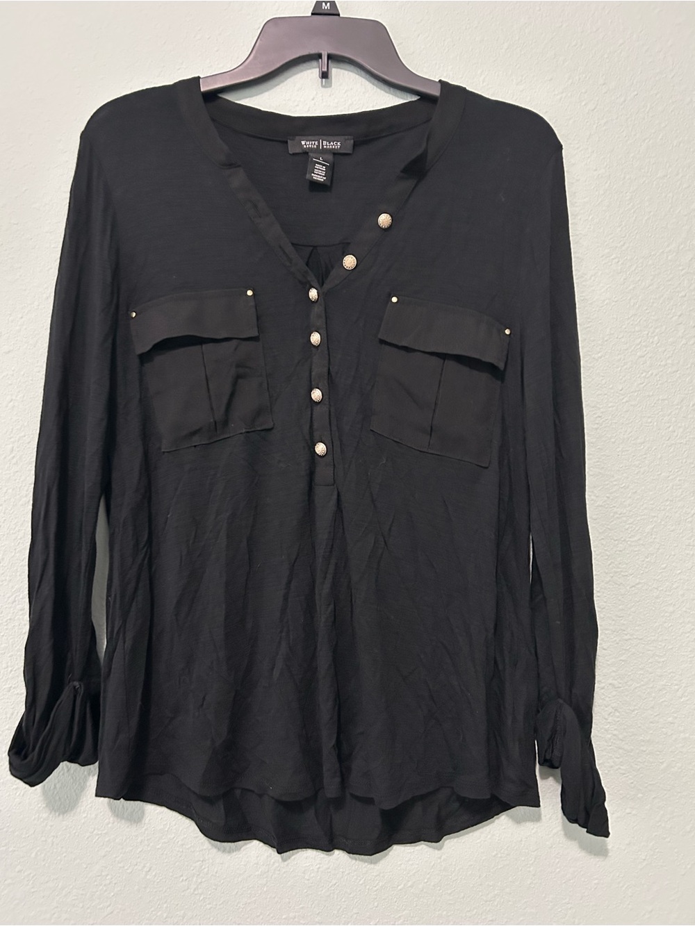 White House Black Market Black Long-Sleeve Button-Front Blouse with Gold Buttons